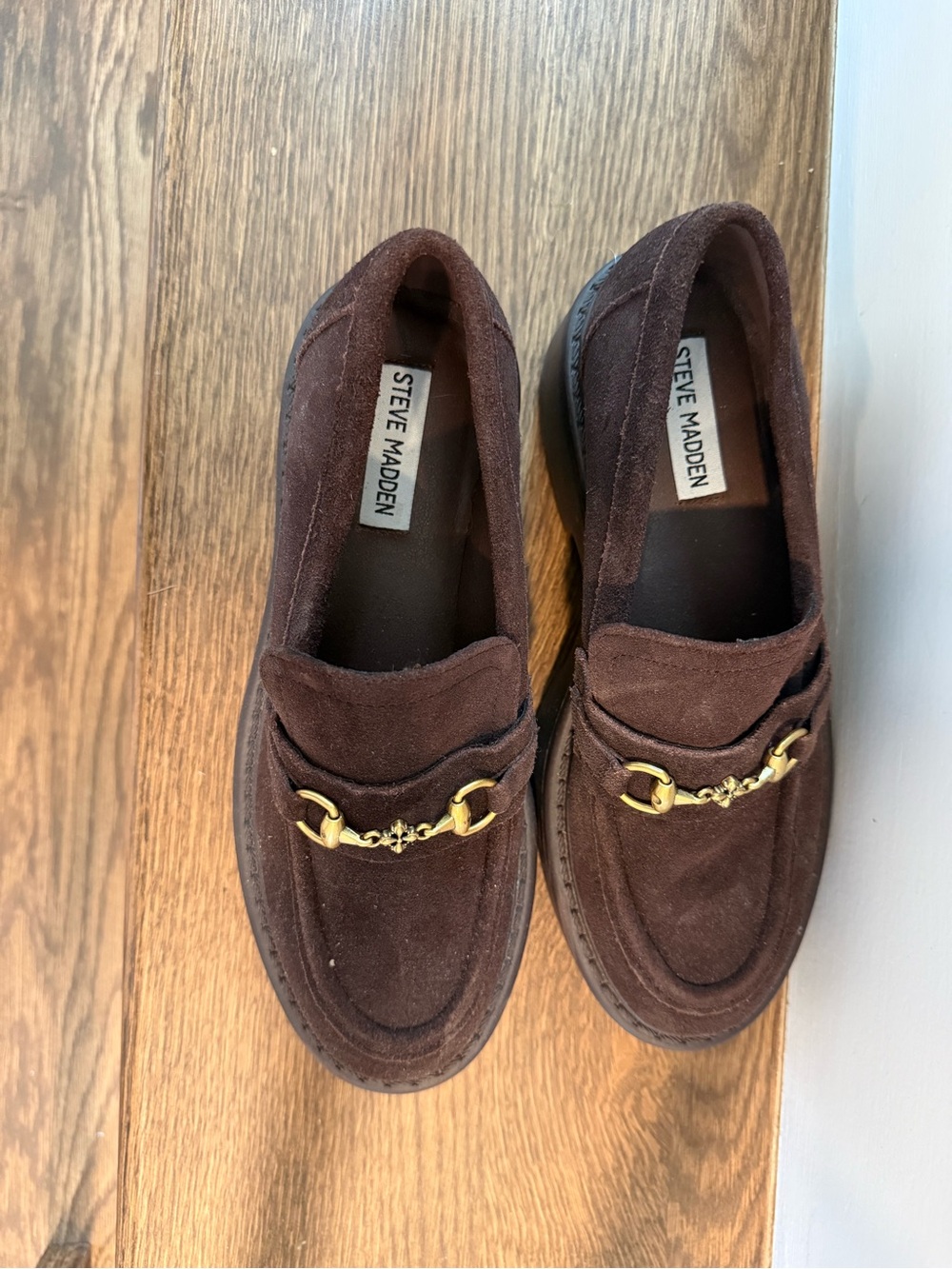 Steve Madden Dark Brown Suede Platform Loafers with Gold Bit